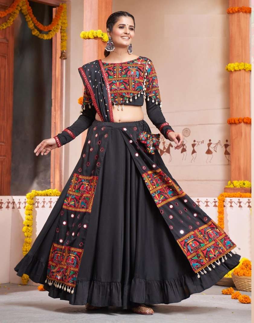 DESIGNER FANCY HEAVY VISCOSE RAYON COTTON BLACK NAVRATRI LEHENGA CUM GAMTHI LEHENGA CHOLI KF RAAS 2366