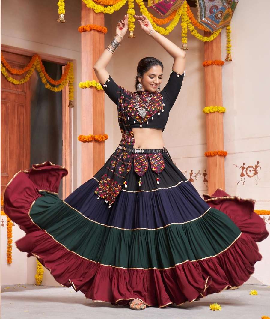 DESIGNER FANCY HEAVY VISCOSE RAYON COTTON MULTI COLOR NAVRATRI LEHENGA CUM GAMTHI LEHENGA CHOLI KF RAAS 2365