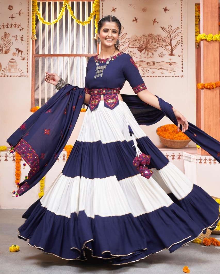 DESIGNER FANCY HEAVY VISCOSE RAYON COTTON WHITE BLUE NAVRATRI LEHENGA CUM GAMTHI LEHENGA CHOLI KF RAAS 2364