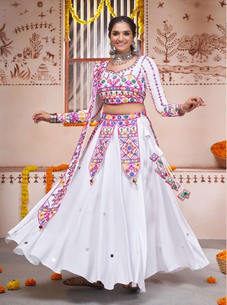 DESIGNER FANCY HEAVY VISCOSE RAYON COTTON WHITE NAVRATRI LEHENGA CUM GAMTHI LEHENGA CHOLI KF RAAS 2362