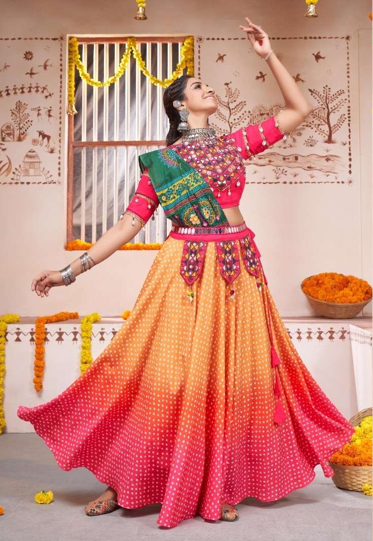 DESIGNER FANCY HEAVY VISCOSE RAYON COTTON YELLOW NAVRATRI LEHENGA CUM GAMTHI LEHENGA CHOLI KF RAAS 2363