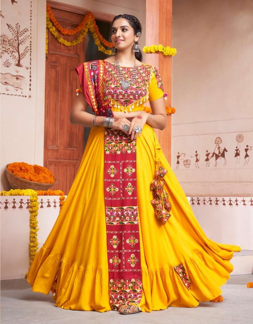 DESIGNER FANCY HEAVY VISCOSE RAYON COTTON YELLOW NAVRATRI LEHENGA CUM GAMTHI LEHENGA CHOLI KF RAAS 2367