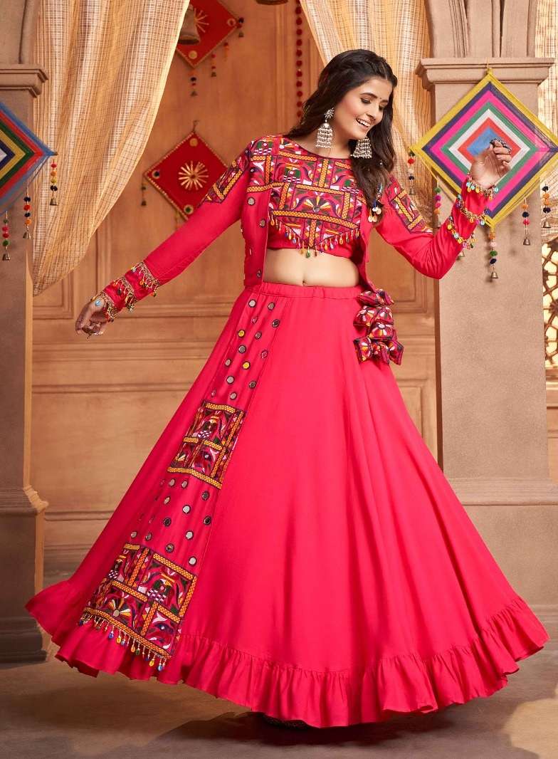 DESIGNER FANCY HEAVY VISCOSE RAYON PINK NAVRATRI LEHENGA CUM GAMTHI LEHENGA CHOLI KF RAAS 2356