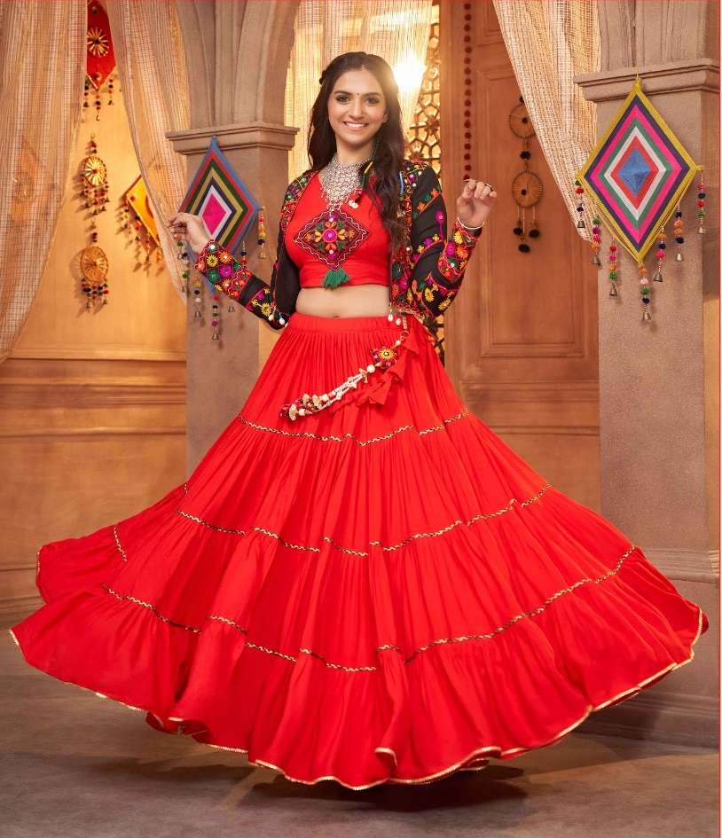 DESIGNER FANCY HEAVY VISCOSE RAYON RED NAVRATRI LEHENGA CUM GAMTHI LEHENGA CHOLI KF RAAS 2353