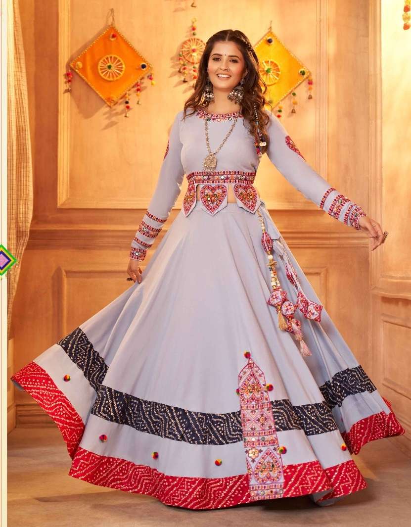 DESIGNER FANCY HEAVY VISCOSE RAYON SKY COLOR NAVRATRI LEHENGA CUM GAMTHI LEHENGA CHOLI KF RAAS 2359