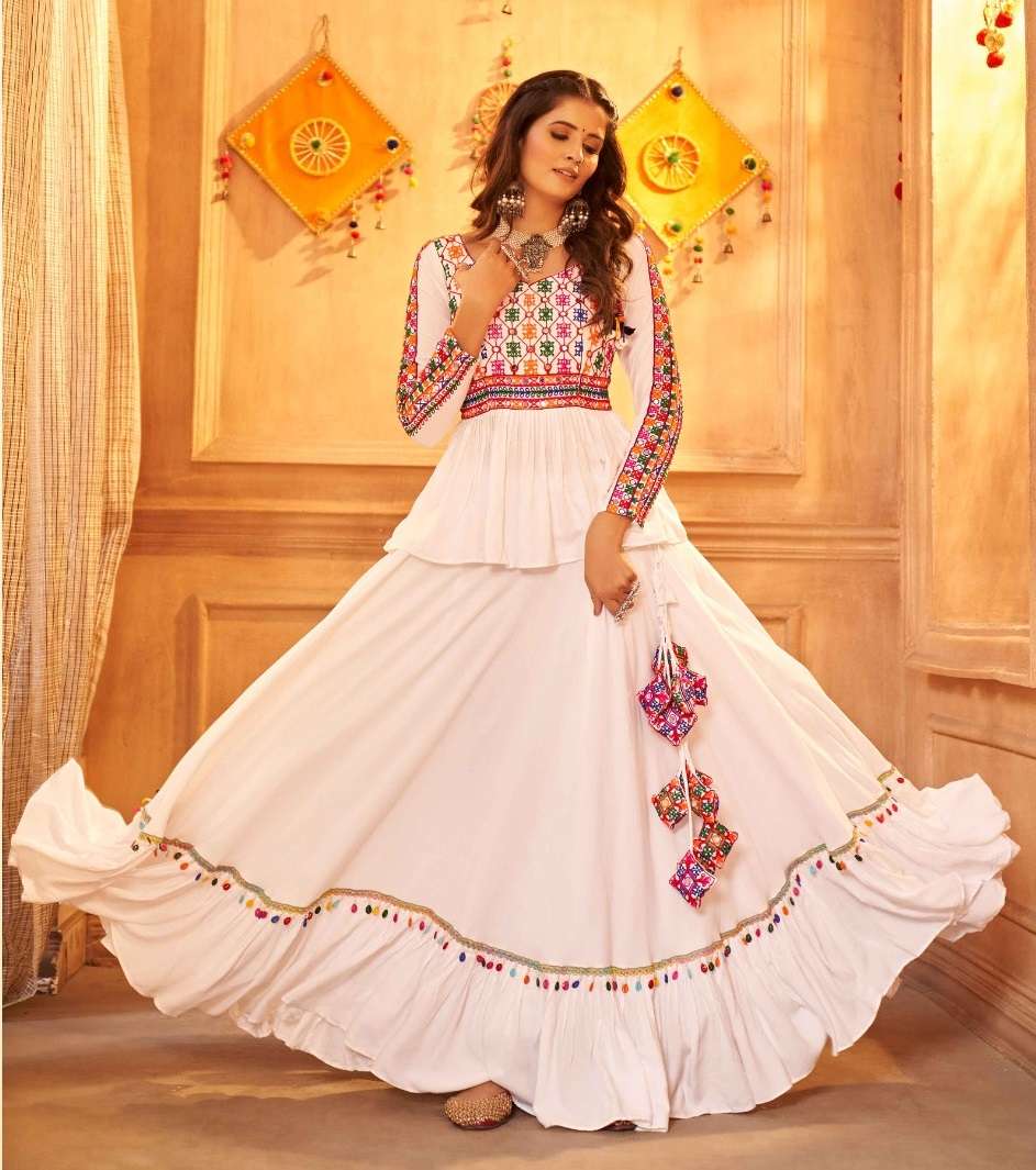 DESIGNER FANCY HEAVY VISCOSE RAYON WHITE NAVRATRI LEHENGA CUM GAMTHI LEHENGA CHOLI KF RAAS 2351