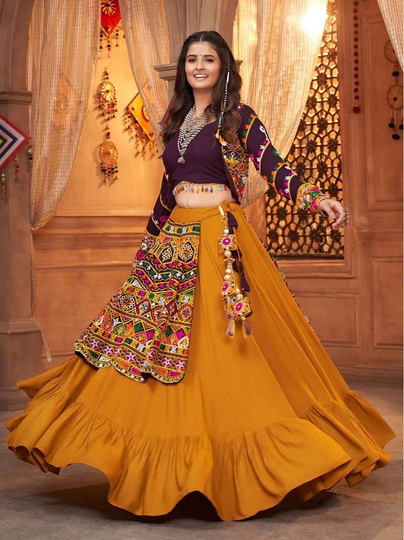 DESIGNER FANCY HEAVY VISCOSE RAYON YELLOW NAVRATRI LEHENGA CUM GAMTHI LEHENGA CHOLI KF RAAS 2352