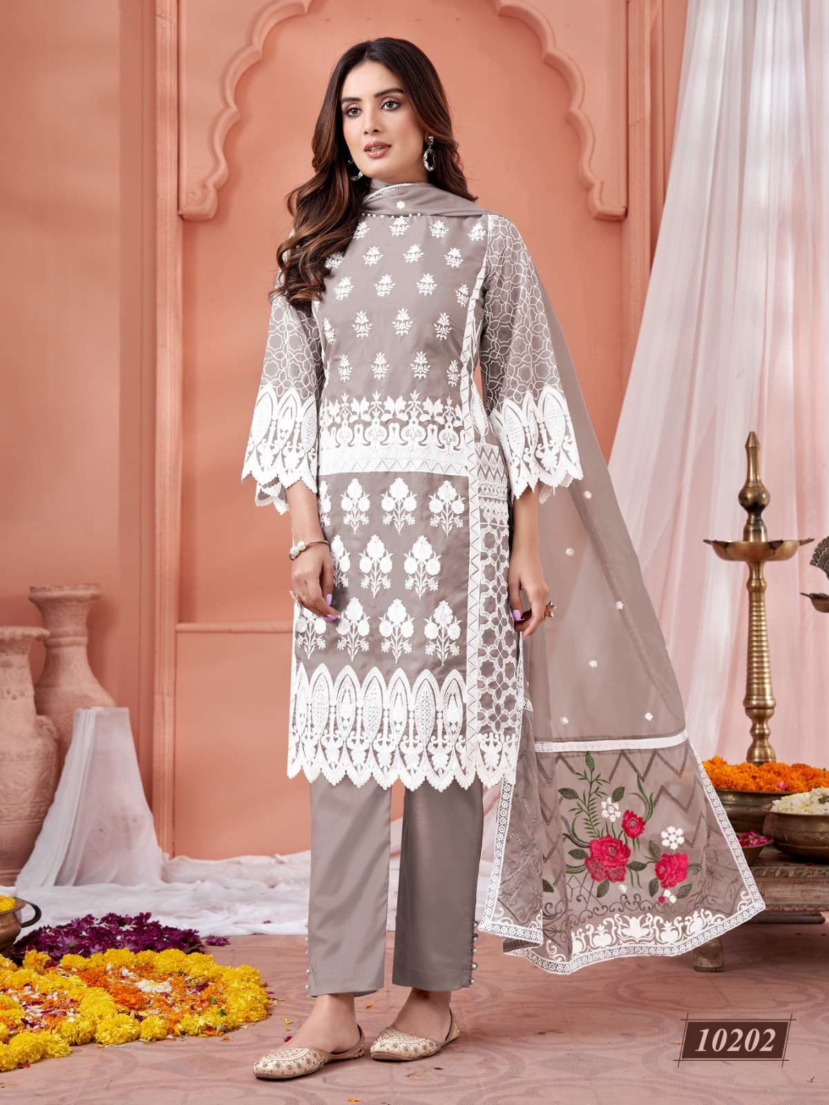 DESIGNER FANCY PARTY WEAR INDIAN PAKISTANI GREY SALWAR SUIT IN ORGANZA ANJUBAA 10202