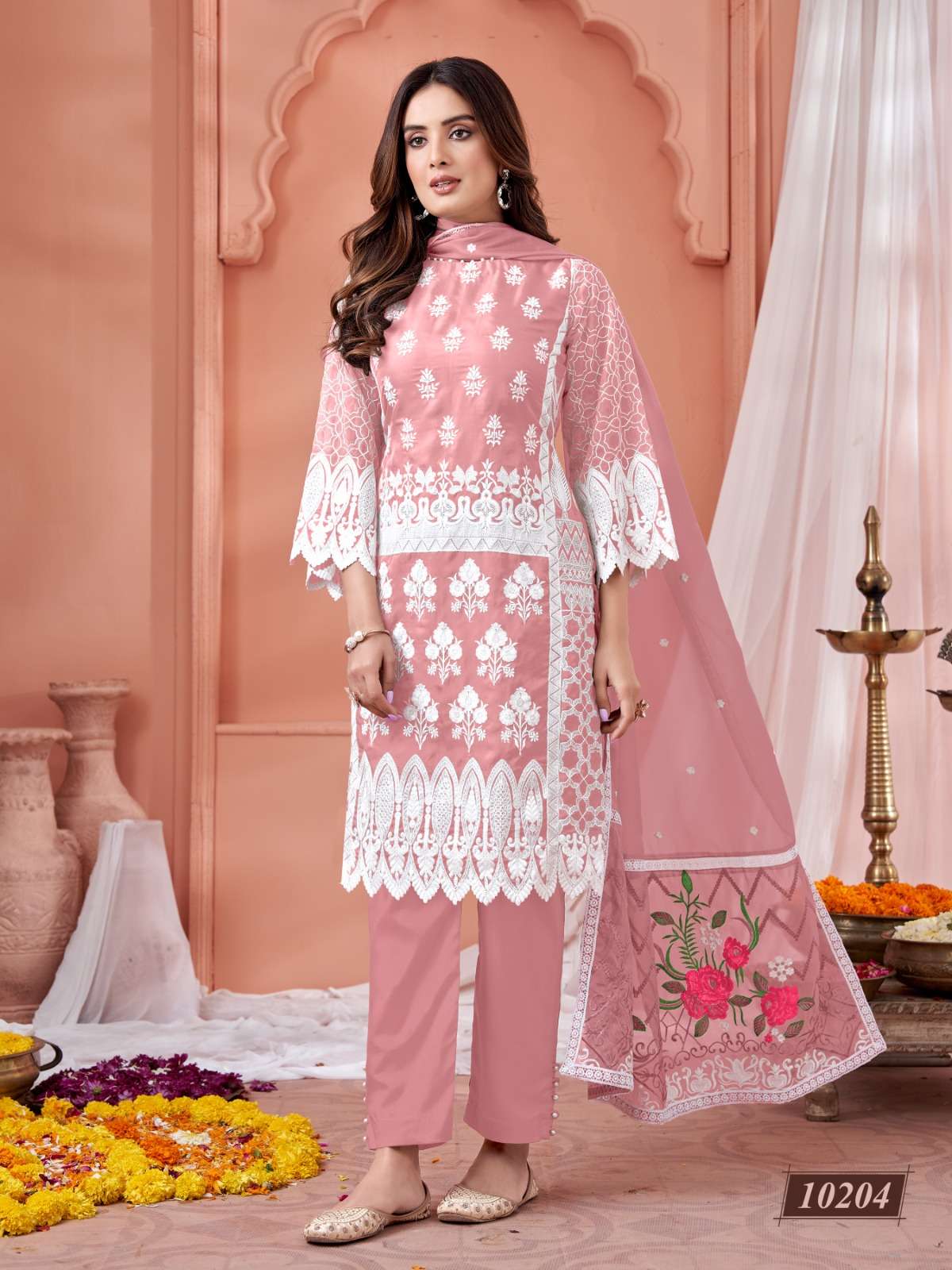 DESIGNER FANCY PARTY WEAR INDIAN PAKISTANI PINK SALWAR SUIT IN ORGANZA ANJUBAA 10204