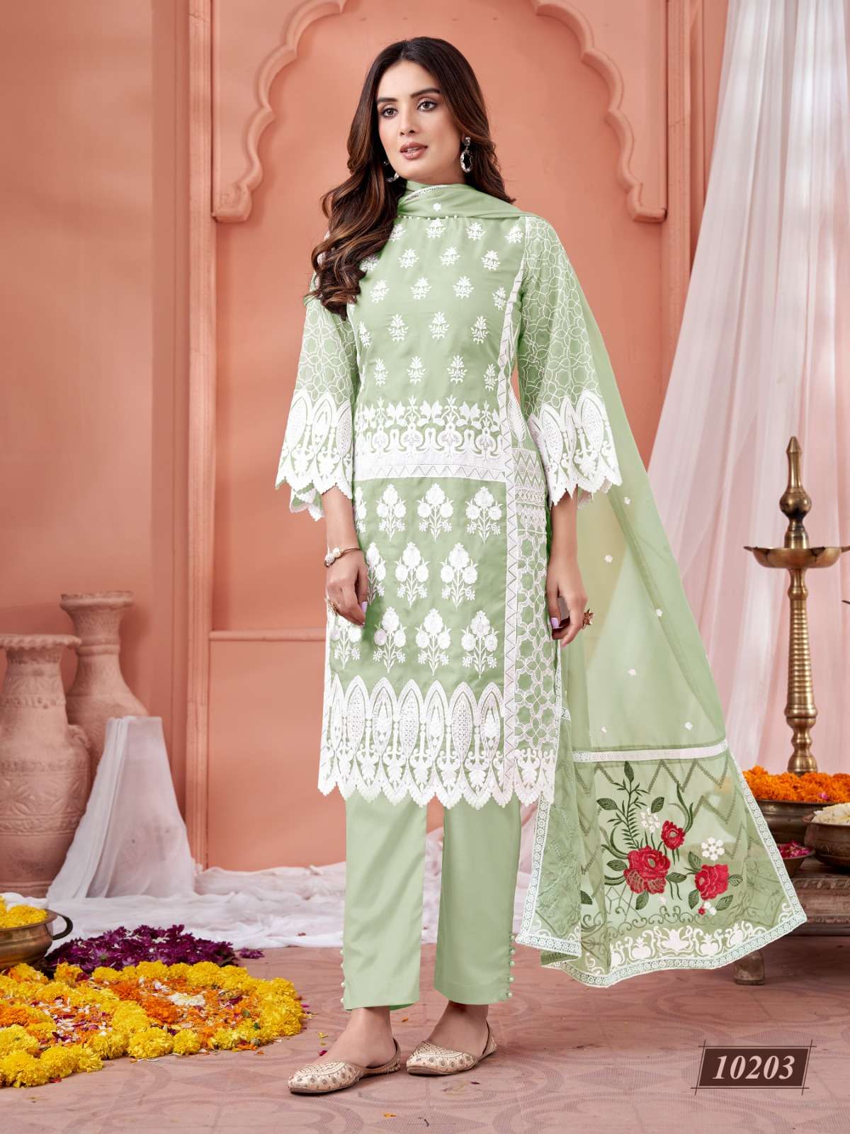 DESIGNER FANCY PARTY WEAR INDIAN PAKISTANI PISTA SALWAR SUIT IN ORGANZA ANJUBAA 10203