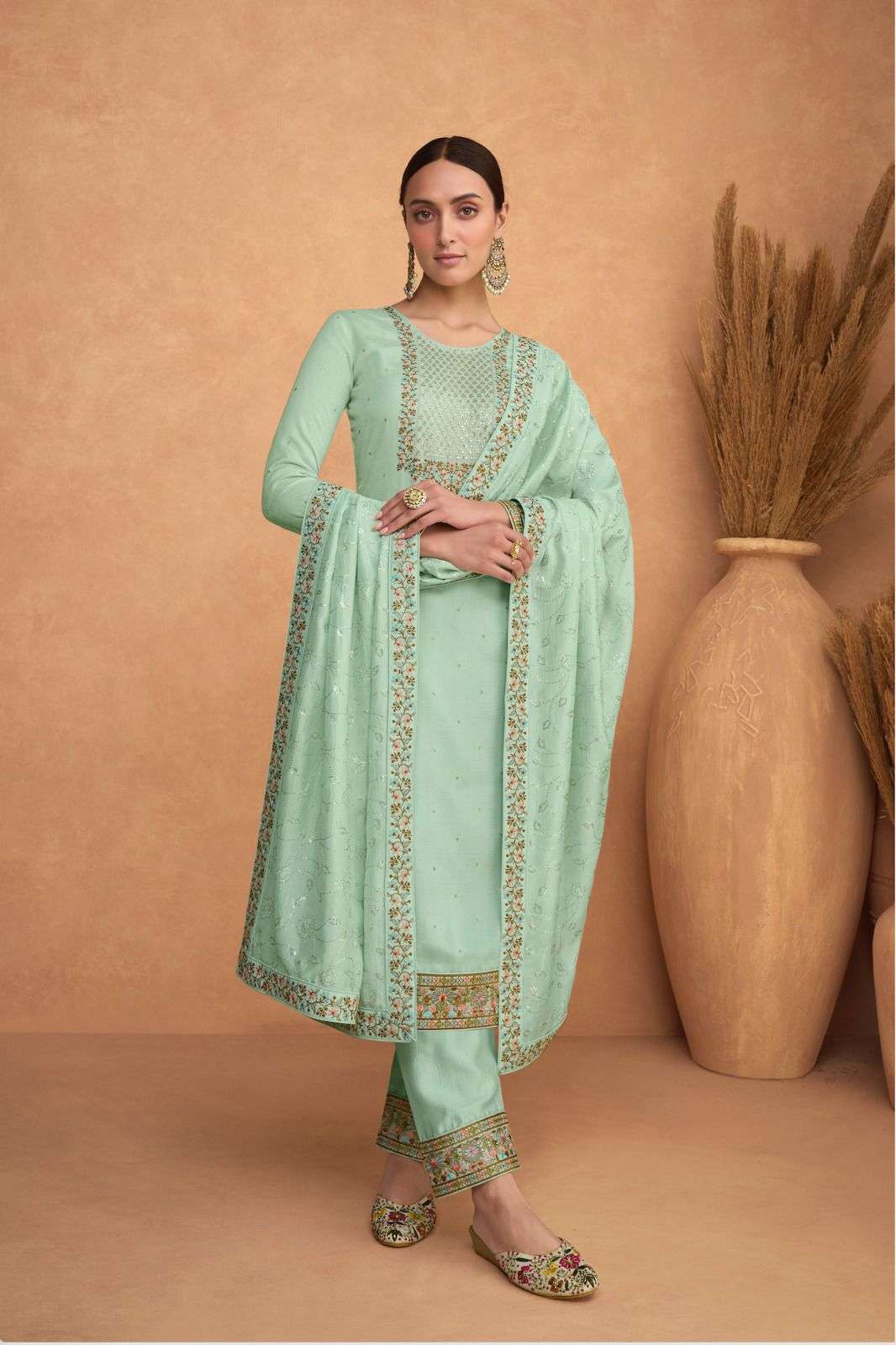 DESIGNER FANCY WEDDING FUNCTION PARTY WEAR PISTA PREMIUM SILK STRAIGHT SALWAR SUIT AF RESHAM 9500