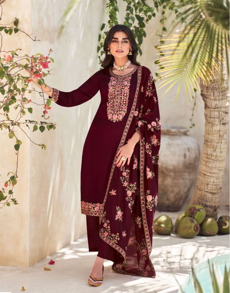 DESIGNER FANCY WEDDING FUNCTION PARTY WEAR PREMIUM SILK STRAIGHT MAROON SALWAR SUIT AF VERONA 9772