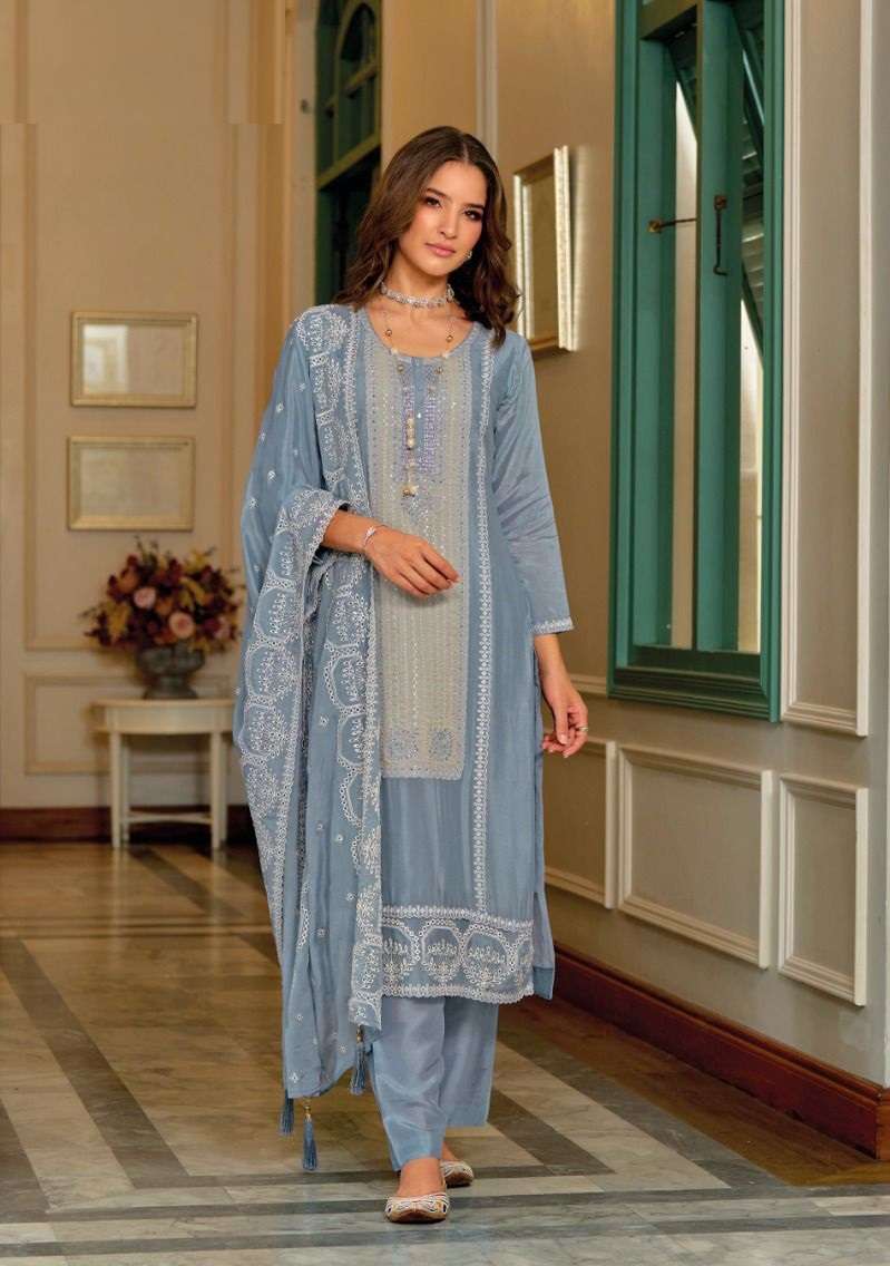 DESIGNER FANCY WEDDING FUNCTION PARTY WEAR PREMIUM GREY SILK STRAIGHT SALWAR SUIT EB SIENNA 1231