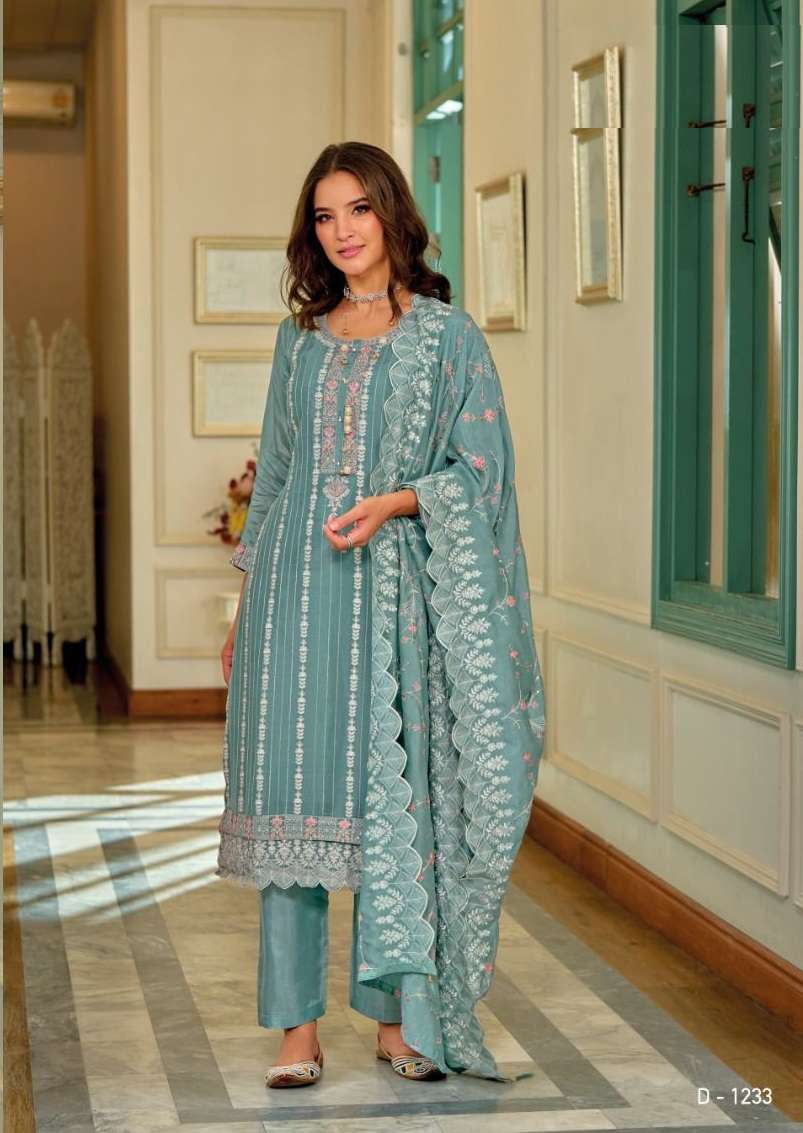 DESIGNER FANCY WEDDING FUNCTION PARTY WEAR PREMIUM BLUE SILK STRAIGHT SALWAR SUIT EB SIENNA 1233