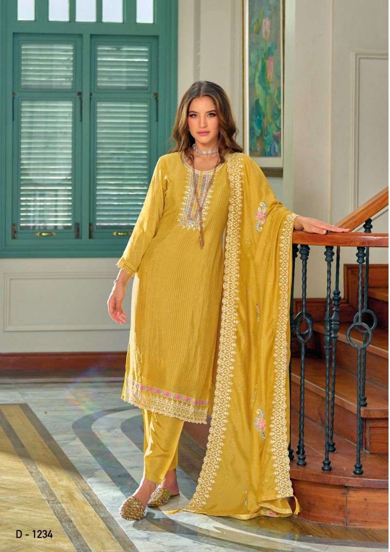 DESIGNER FANCY WEDDING FUNCTION PARTY WEAR PREMIUM YELLOW SILK STRAIGHT SALWAR SUIT EB SIENNA 1234