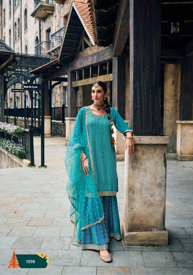 DESIGNER FANCY WEDDING PARTY FESTIVAL WEAR AQUA BLUE FAUX GEORGETTE SHARARA SALWAR SUIT EB MEHAK 1598