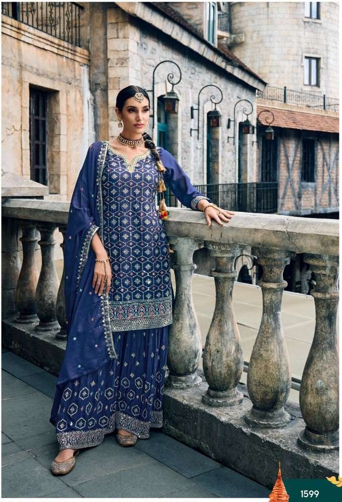 DESIGNER FANCY WEDDING PARTY FESTIVAL WEAR BLUE FAUX GEORGETTE SHARARA SALWAR SUIT EB MEHAK 1599