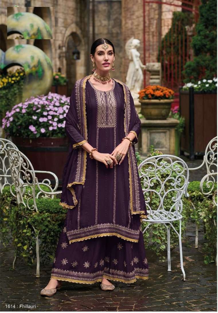 DESIGNER FANCY WEDDING PARTY FESTIVAL WEAR CHINON PURPLE STARIGHT SALWAR SUIT EB FHILLAURI 1614