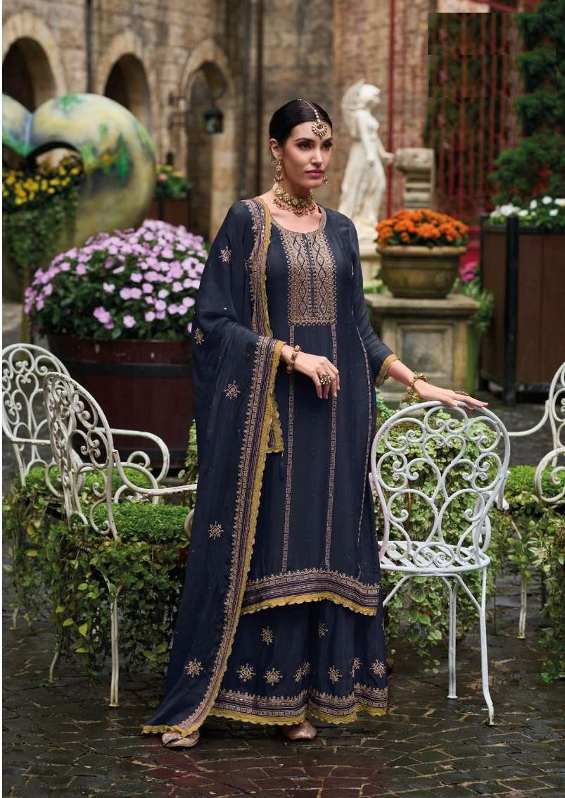 DESIGNER FANCY WEDDING PARTY FESTIVAL WEAR CHINON BLUE STARIGHT SALWAR SUIT EB FHILLAURI 1615