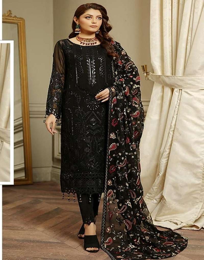 DESIGNER FANCY WEDDING PARTY FESTIVAL WEAR FAUX GEORGETTE BLACK PAKISTANI STARIGHT SALWAR SUIT JG 4110A