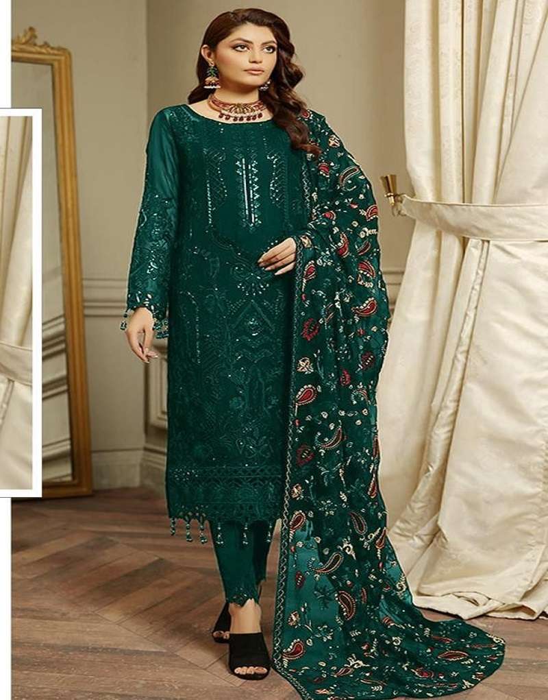 DESIGNER FANCY WEDDING PARTY FESTIVAL WEAR FAUX GEORGETTE GREEN PAKISTANI STARIGHT SALWAR SUIT JG 4110B