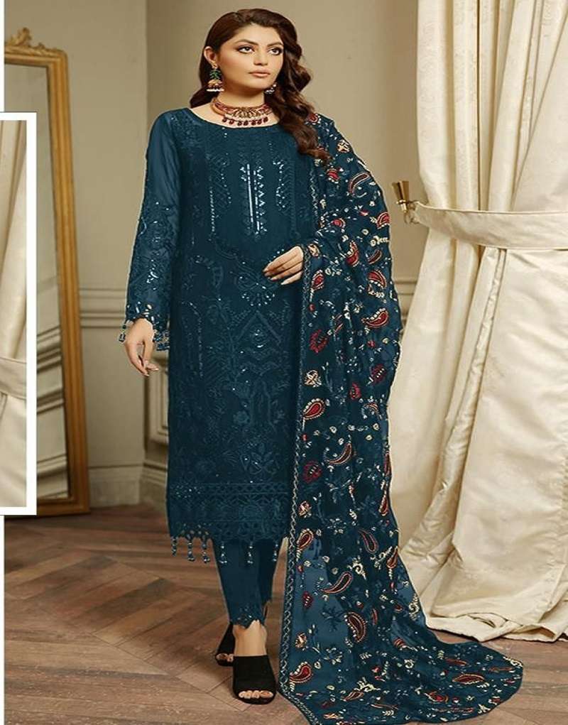 DESIGNER FANCY WEDDING PARTY FESTIVAL WEAR FAUX GEORGETTE RAMA GREEN PAKISTANI STARIGHT SALWAR SUIT JG 4110E