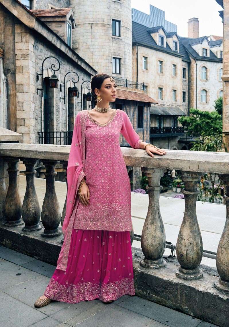 DESIGNER FANCY WEDDING PARTY FESTIVAL WEAR PINK FAUX GEORGETTE SHARARA SALWAR SUIT EB MEHAK 1597