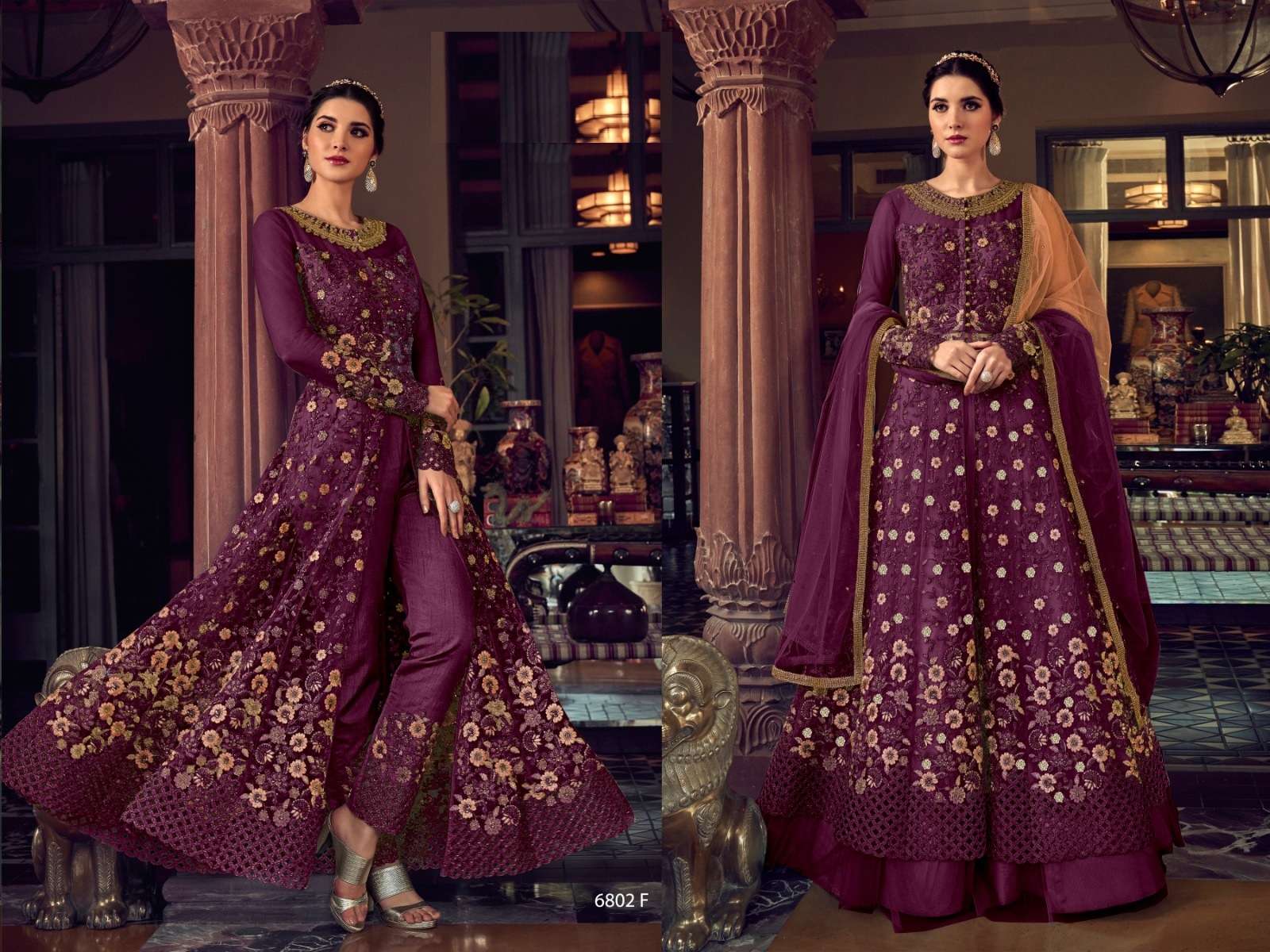 DESIGNER FANCY WEDDING PARTY WEAR ANARKALI MAGENTA GOWN SALWAR SUIT COLLECTION RH SWAGAT 6802F