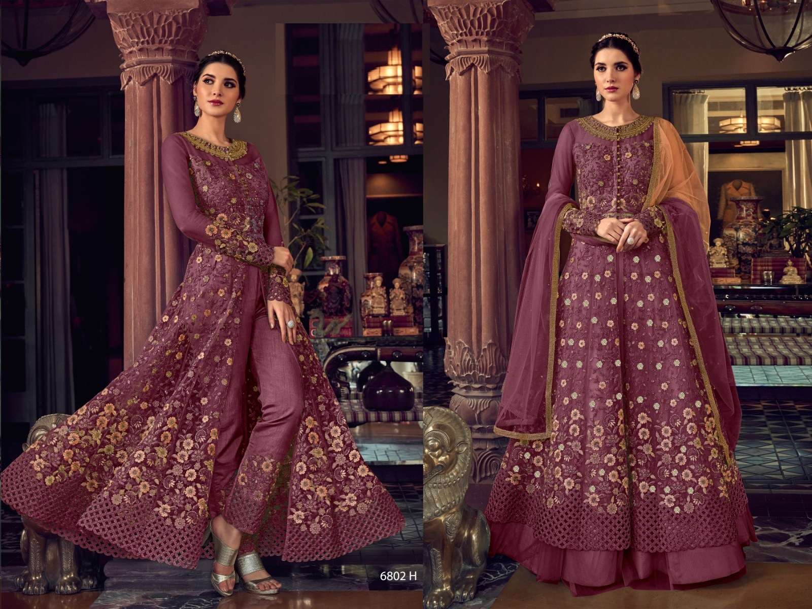 DESIGNER FANCY WEDDING PARTY WEAR ANARKALI MAROON GOWN SALWAR SUIT COLLECTION RH SWAGAT 6802H