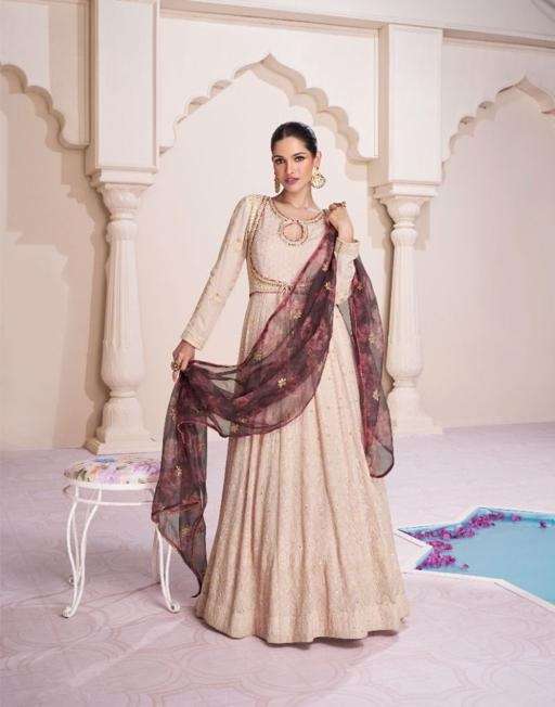 DESIGNER FANCY WEDDING PARTY WEAR BEIGE REAL GEORGETTE ANARKALI SALWAR SUIT AND ANARKALI GOWN DRESS 5313