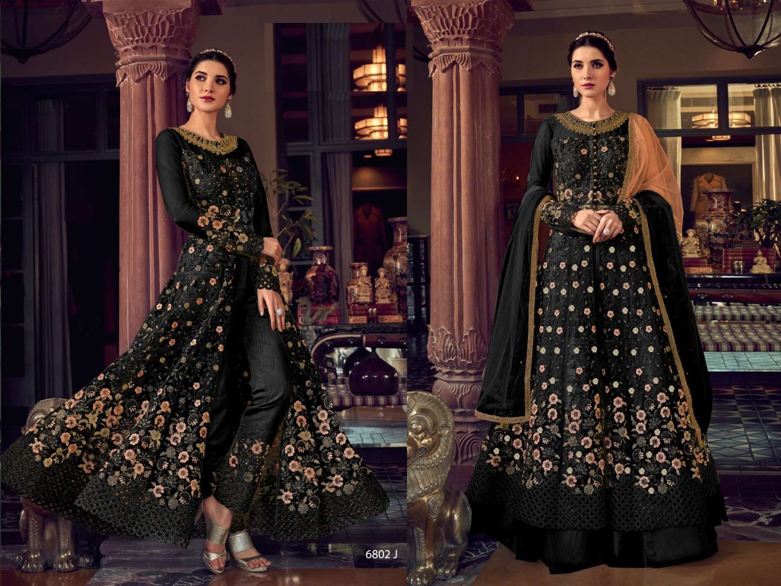 DESIGNER FANCY WEDDING PARTY WEAR BLACK ANARKALI GOWN SALWAR SUIT COLLECTION RH SWAGAT 6802J