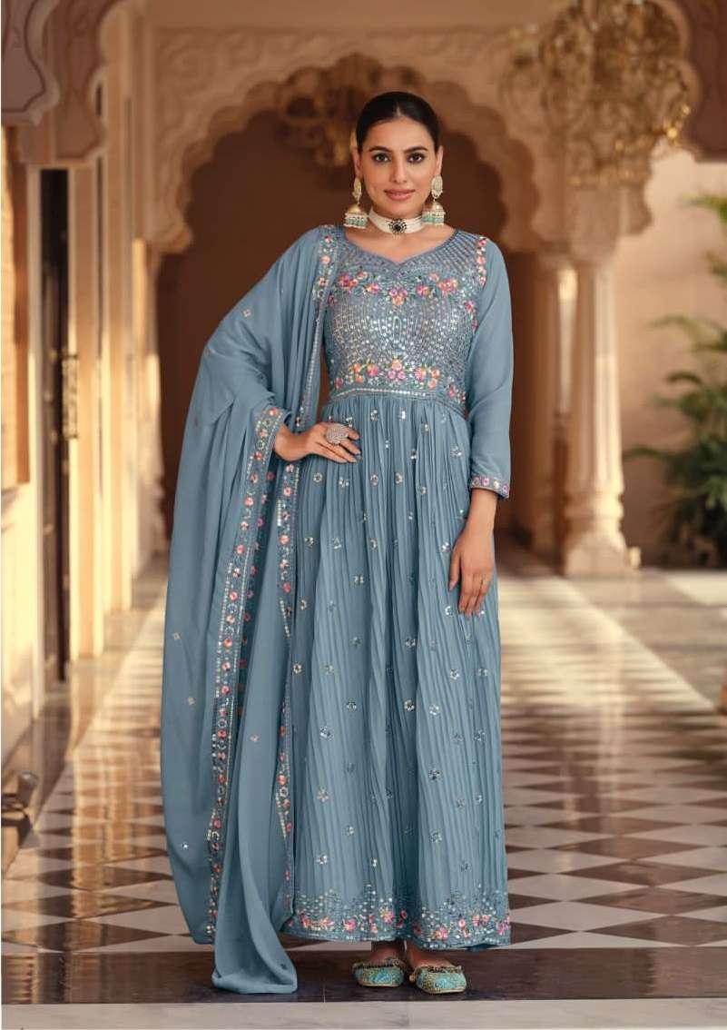 DESIGNER FANCY WEDDING PARTY WEAR BLUE GEORGETTE ANARKALI SALWAR SUIT AND GOWN DRESS EB APSARA 1148