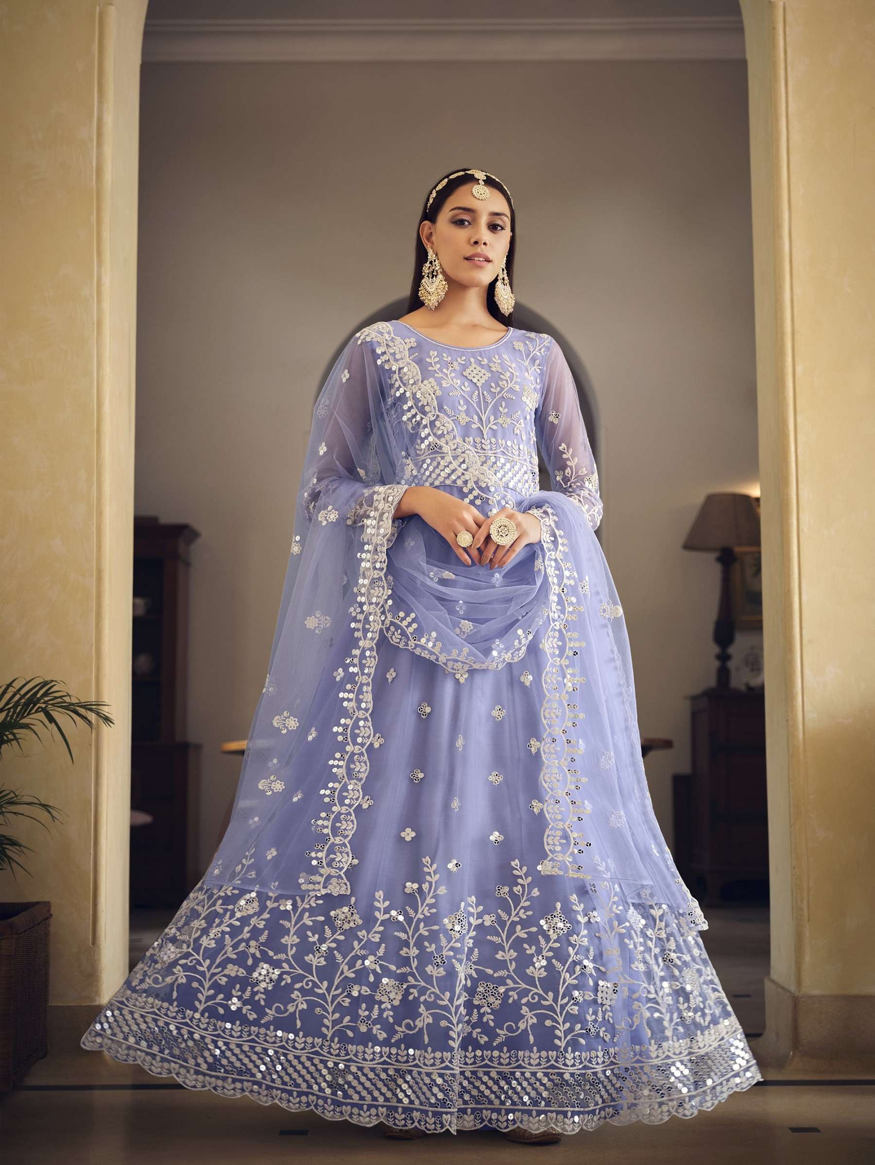 DESIGNER FANCY WEDDING PARTY WEAR BUTTERFLY NET LAVENDER ANARKALI SALWAR SUIT AND GOWN DRESS SENHORA SARIKA 3009