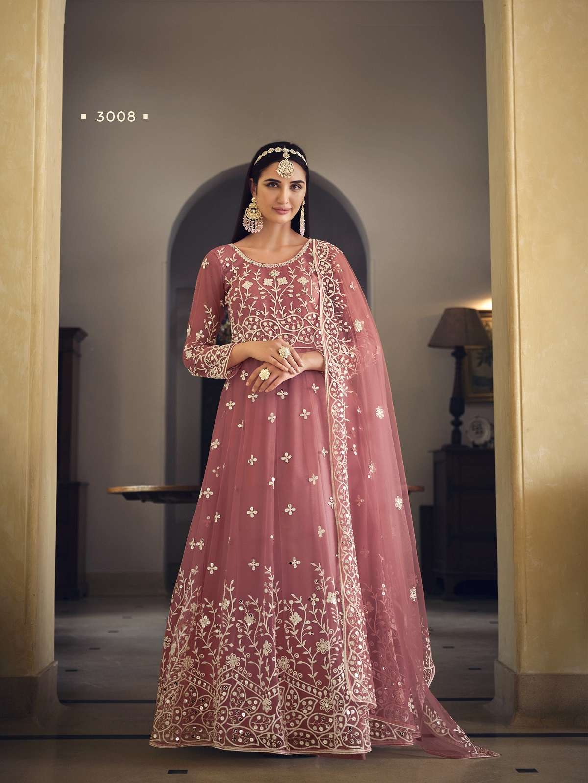 DESIGNER FANCY WEDDING PARTY WEAR BUTTERFLY NET PINK ANARKALI SALWAR SUIT AND GOWN DRESS SENHORA SARIKA 3008