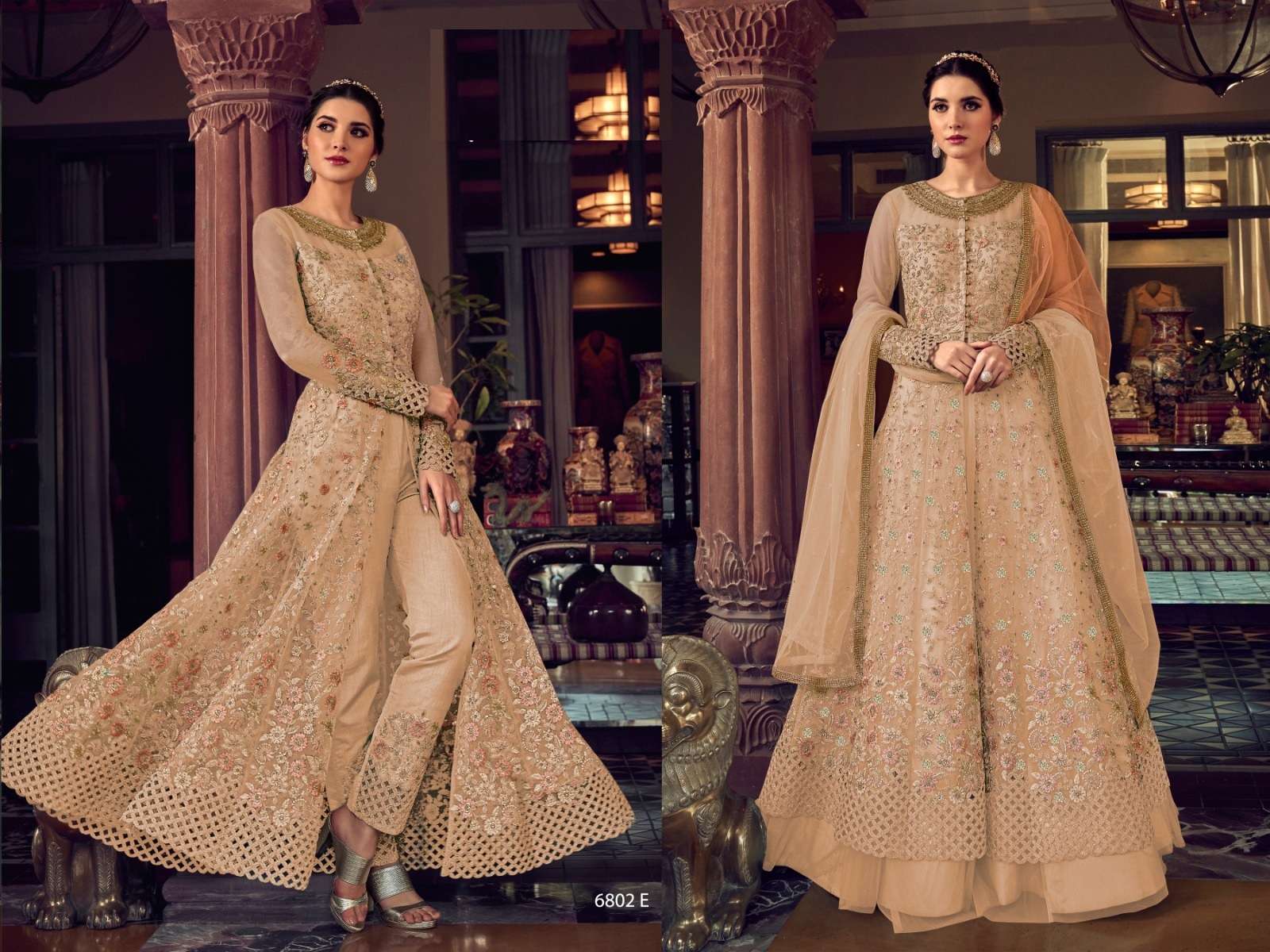 DESIGNER FANCY WEDDING PARTY WEAR CHIKU ANARKALI GOWN SALWAR SUIT COLLECTION RH SWAGAT 6802E