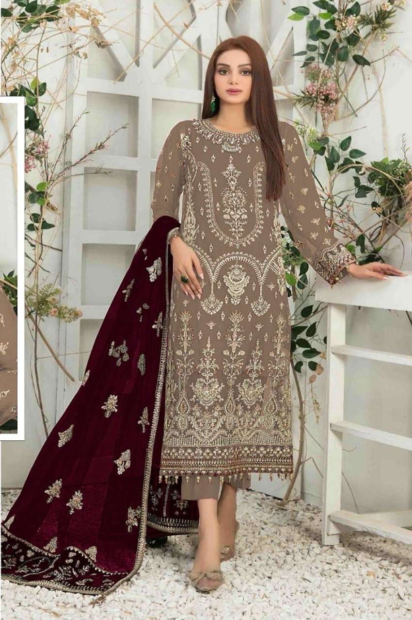 DESIGNER FANCY WEDDING PARTY WEAR CHIKU GEORGETTE SILK PAKISTANI SALWAR SUIT JG 4106D