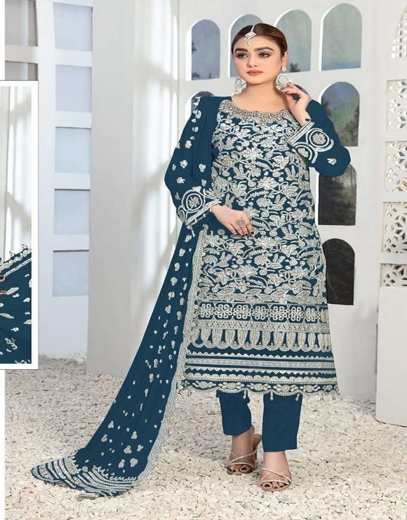 DESIGNER FANCY WEDDING PARTY WEAR FAUX GEORGETTE BLUE PAKISTANI STARIGHT SALWAR SUIT JG 4108E