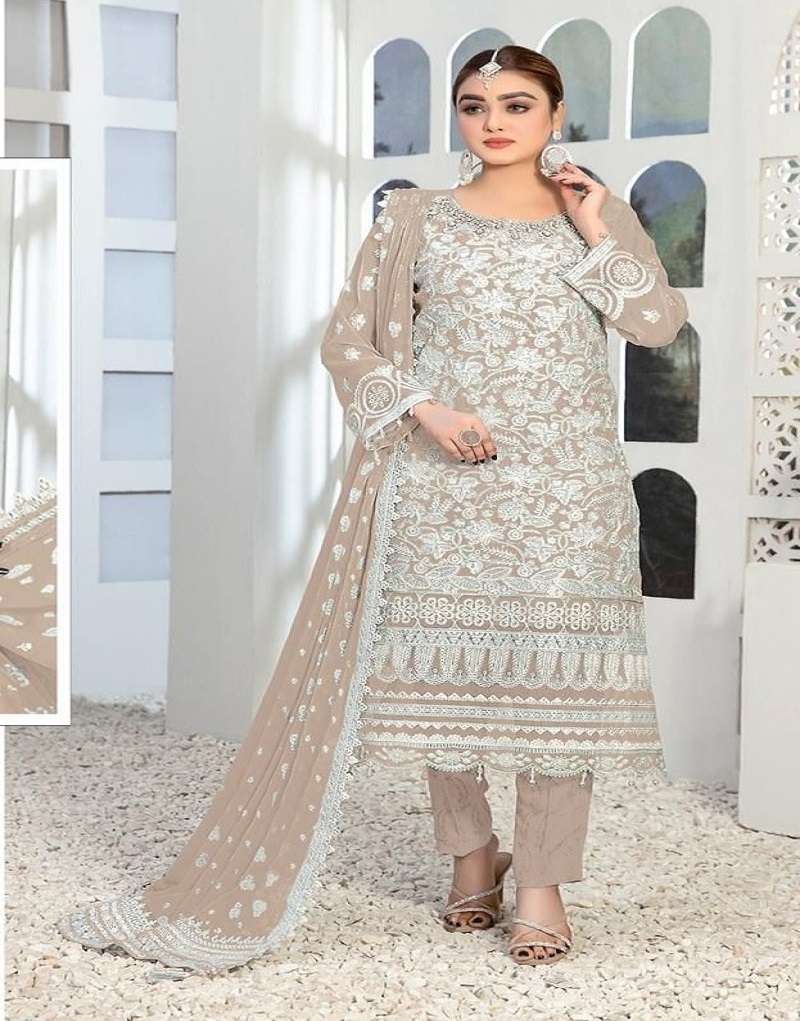 DESIGNER FANCY WEDDING PARTY WEAR FAUX GEORGETTE CHIKU PAKISTANI STARIGHT SALWAR SUIT JG 4108C