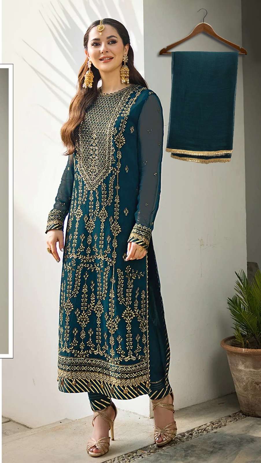 DESIGNER FANCY WEDDING PARTY WEAR FAUX GEORGETTE GREEN BLUE PAKISTANI STARIGHT SALWAR SUIT CPR 1036A