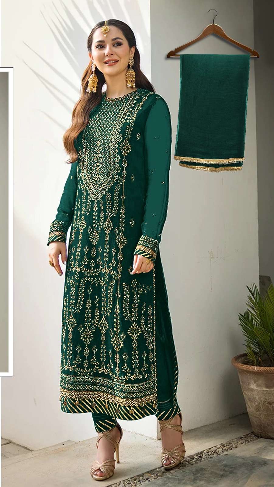 DESIGNER FANCY WEDDING PARTY WEAR FAUX GEORGETTE GREEN PAKISTANI STARIGHT SALWAR SUIT CPR 1036C