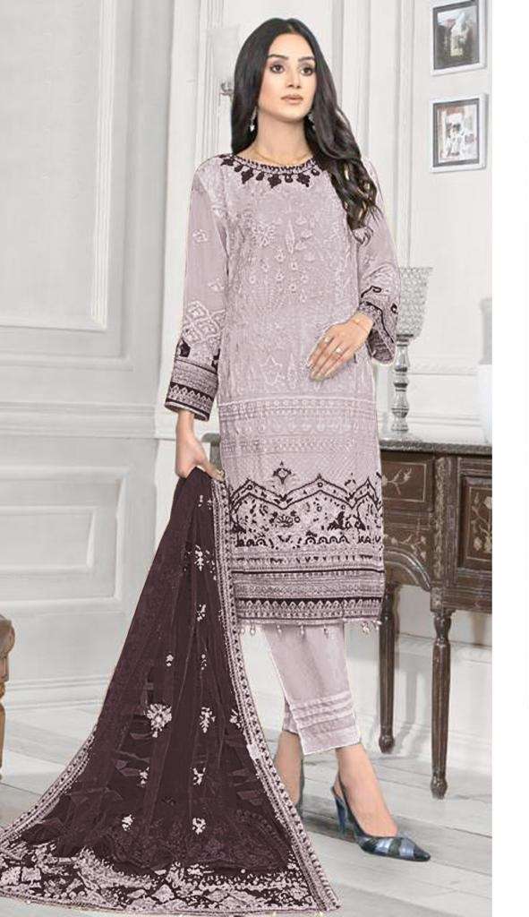 DESIGNER FANCY WEDDING PARTY WEAR FAUX GEORGETTE GREY PAKISTANI STARIGHT SALWAR SUIT JG 5108B