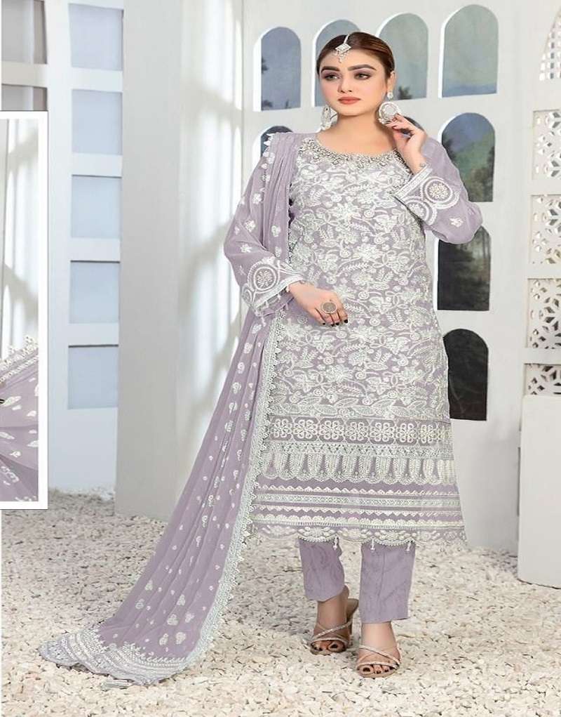 DESIGNER FANCY WEDDING PARTY WEAR FAUX GEORGETTE LAVENDER PAKISTANI STARIGHT SALWAR SUIT JG 4108D