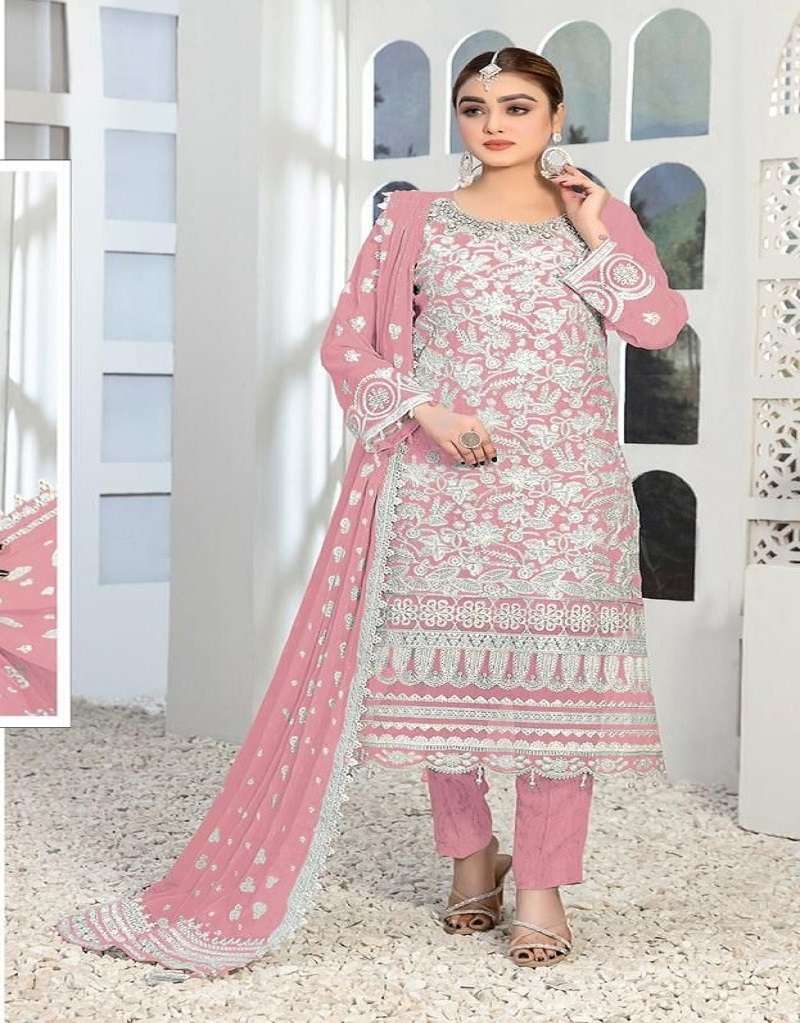 DESIGNER FANCY WEDDING PARTY WEAR FAUX GEORGETTE PINK PAKISTANI STARIGHT SALWAR SUIT JG 4108B