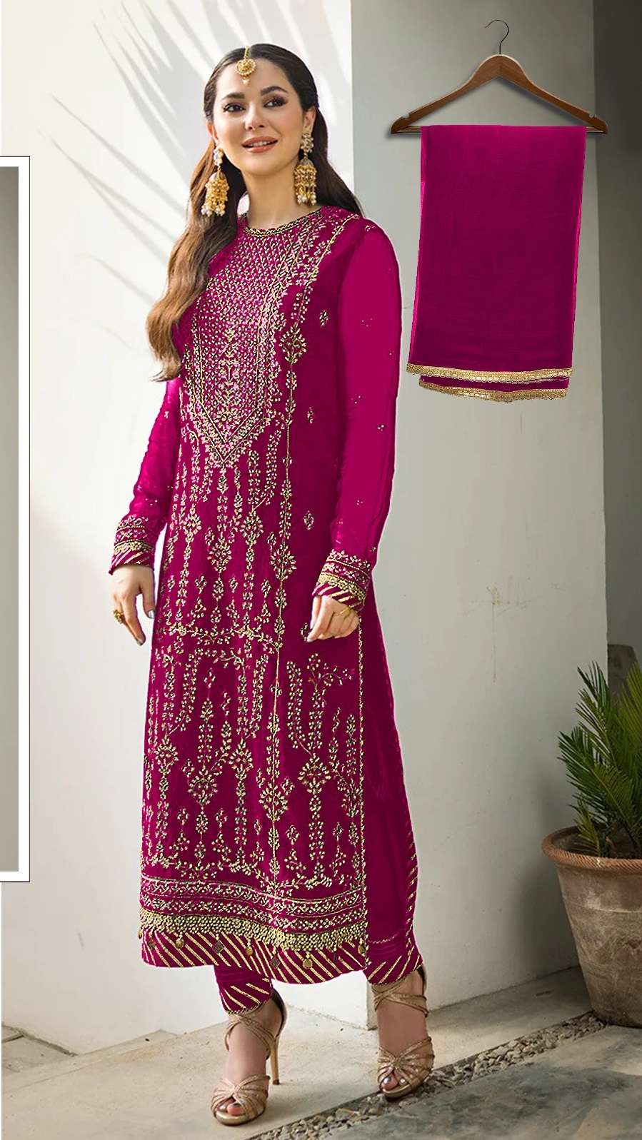 DESIGNER FANCY WEDDING PARTY WEAR FAUX GEORGETTE RANI PINK PAKISTANI STARIGHT SALWAR SUIT CPR 1036D