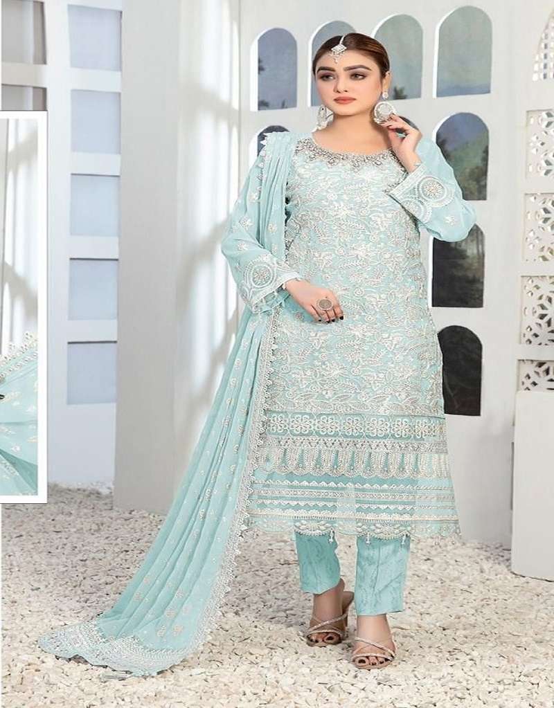 DESIGNER FANCY WEDDING PARTY WEAR FAUX GEORGETTE SKY BLUE PAKISTANI STARIGHT SALWAR SUIT JG 4108A