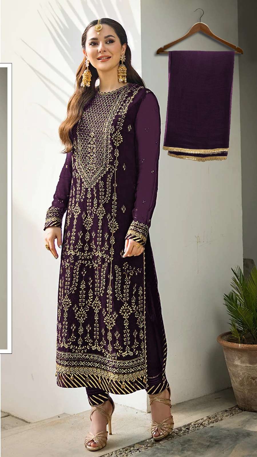 DESIGNER FANCY WEDDING PARTY WEAR FAUX GEORGETTE WINE PAKISTANI STARIGHT SALWAR SUIT CPR 1036B