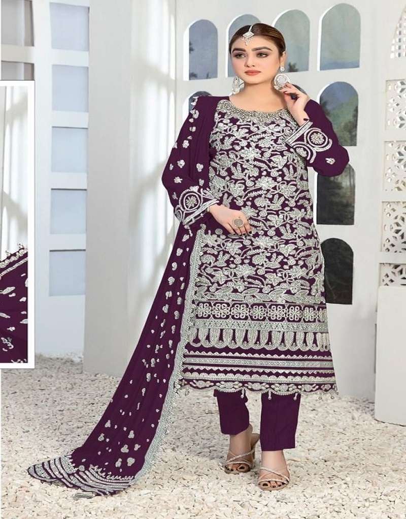 DESIGNER FANCY WEDDING PARTY WEAR FAUX GEORGETTE WINE PAKISTANI STARIGHT SALWAR SUIT JG 4108F