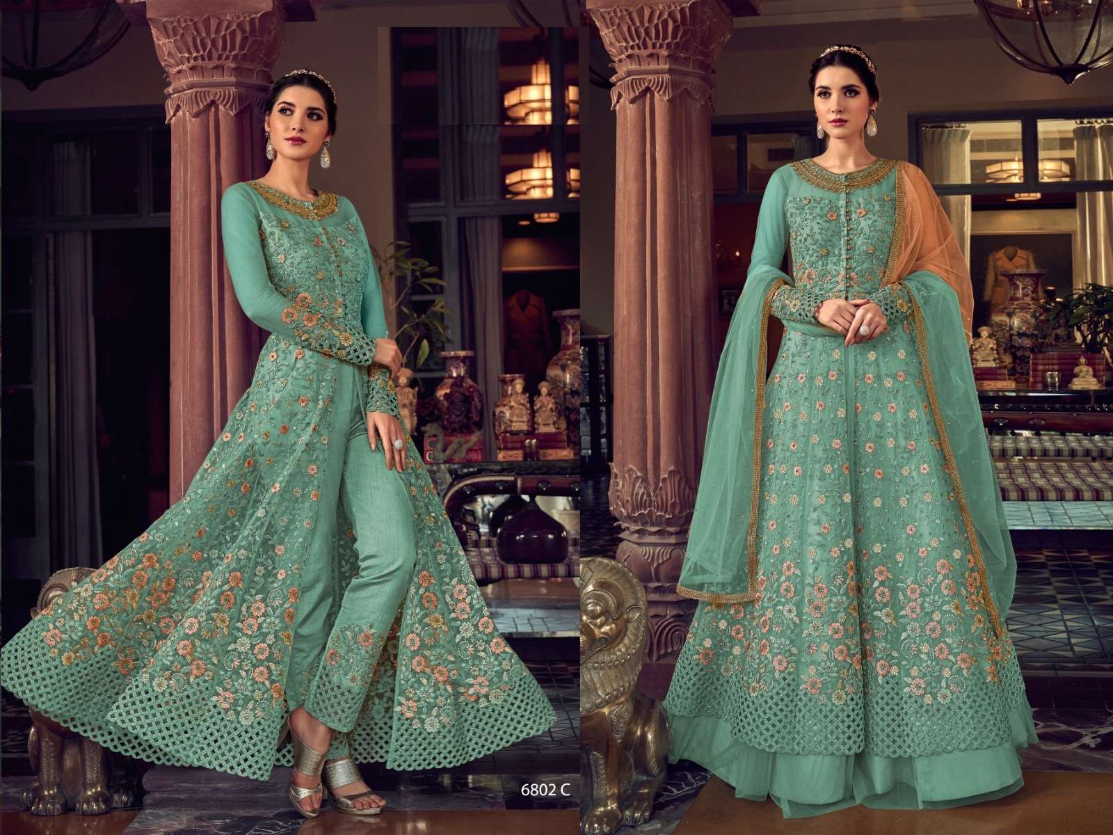 DESIGNER FANCY WEDDING PARTY WEAR GREEN ANARKALI GOWN SALWAR SUIT COLLECTION RH SWAGAT 6802C