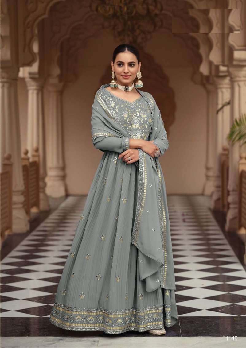 DESIGNER FANCY WEDDING PARTY WEAR GREY GEORGETTE ANARKALI SALWAR SUIT AND GOWN DRESS EB APSARA 1146