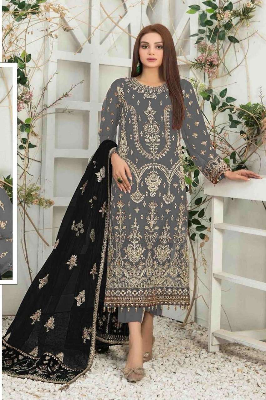 DESIGNER FANCY WEDDING PARTY WEAR GREY GEORGETTE SILK PAKISTANI SALWAR SUIT JG 4106F